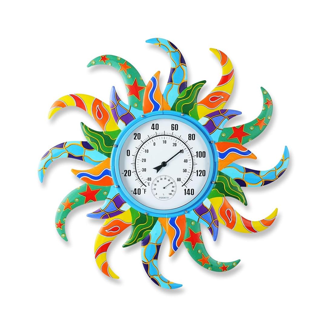 Large Blue Sun Outdoor Thermometer & Hygrometer Combo, 25'' Indoor Outdoor Wall-Mounted Thermometer Gauge, Decorative Indoor Outside Temperature Thermometer for Patio, Garden, Living Room,Kitchen