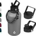 BJPKPK Half Gallon Insulated Water Bottles with Straw Lid, 64oz Large Water Jug, Stainless Steel Bottles with 3 Lids and Paracord Handle, Thermo for Hot & Cold Liquid, Gray
