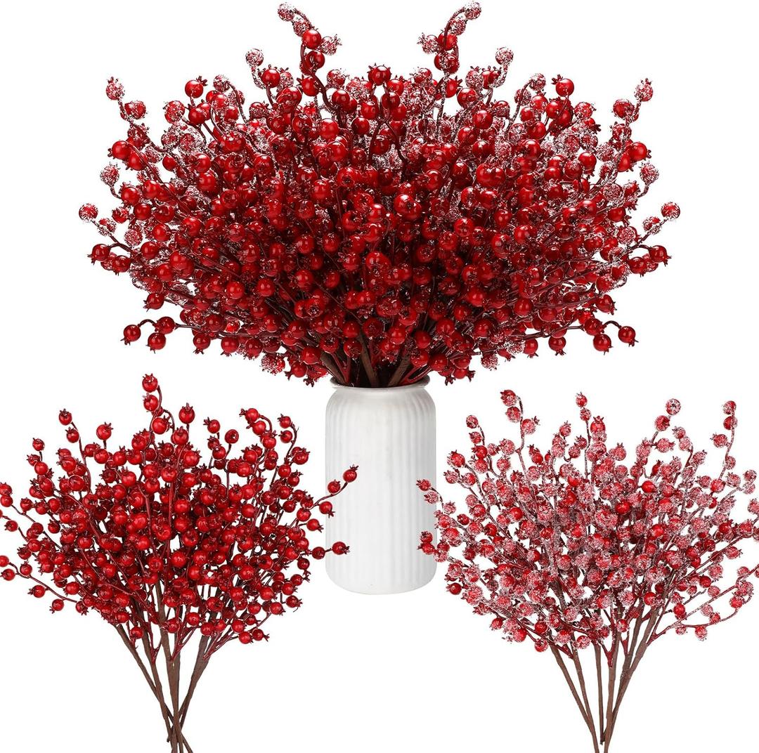 Zeyune 12 Pack Artificial Red Berry Stems 16.1 Inch Christmas Holly Berry Branches with 6 Snow Frosted and 6 Glossy Berries for Xmas Tree Garland Wreath Wedding DIY Crafts Gift Home Decor (Red)