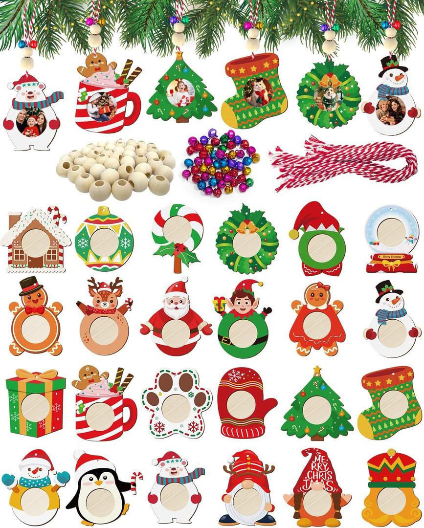 24Pcs Christmas Pictures Frame Ornaments, Hanging Picture Ornament Bulk for Christmas Tree with Beads, Color Printing Personalized Wooden Ornaments for Crafts, for Holiday Home Party Decor