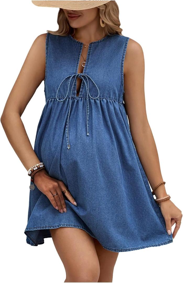 SOLY HUX Women's Maternity Dresses Sleeveless Jean Sundresses Tie Front Flowy Short Denim Dress (Large)
