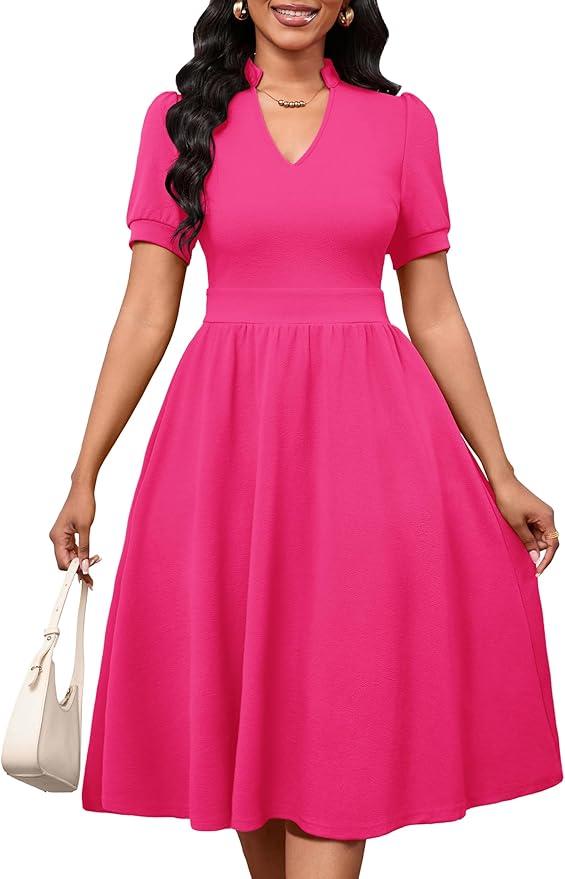Womens Short Puff Sleeve V Neck Casual Semi-Formal Cocktail Party A-Line Dress XL, Rose Red