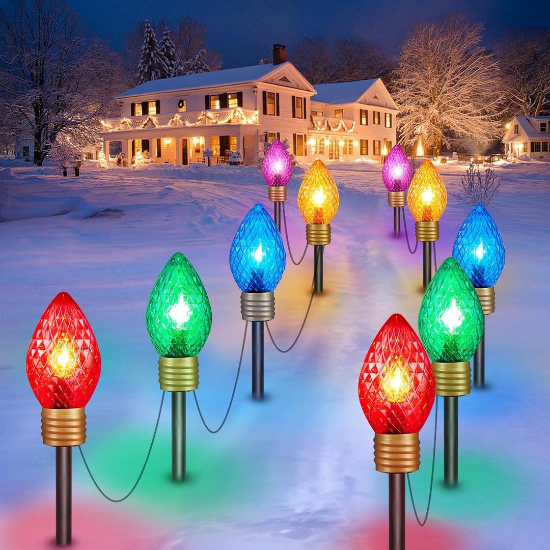 2 Pack Jumbo C9 Christmas Pathway Lights Outdoor - 10.5 Feet 5 Lights Strawberry C9 Walkway Lights, C7 Light Covered Jumbo Multicolor Light Bulb Outdoor Decorations for Lawn Garden Outside