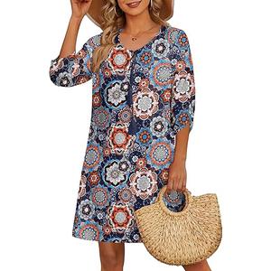HOTOUCH Women Casual Beach Summer Dress Boho Tassel Tie Neck 3/4 Long Sleeve Short Floral Print Flowy Cover Up Sundresses, Dark Blue, XL