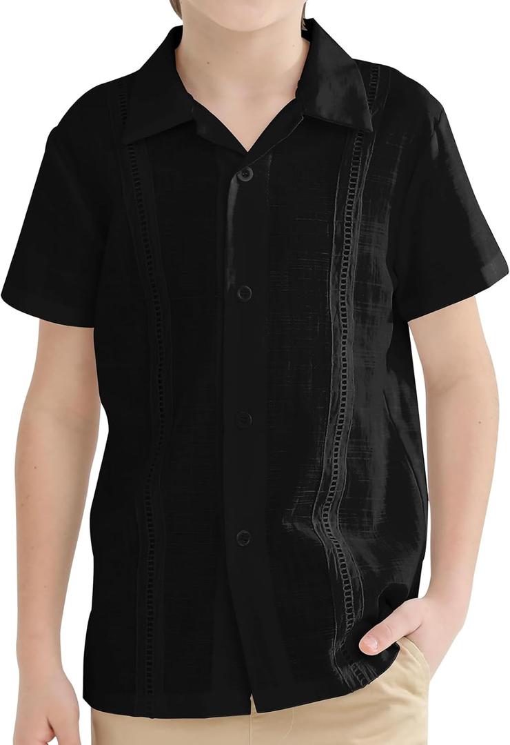 OEBLD Boys Cuban Guayabera Shirt Short Sleeve Button Down Shirts V Neck Cotton Linen Shirts (7-8 Years, Black)