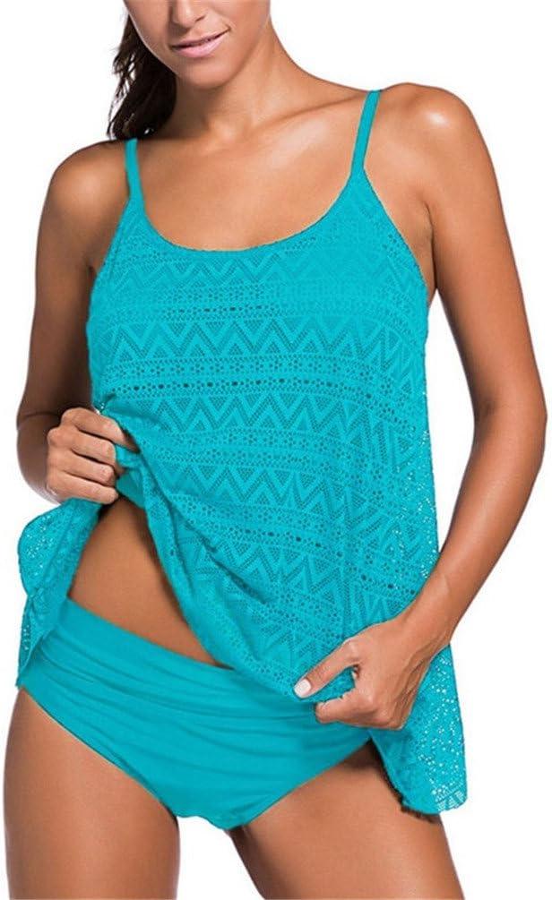 Nicetage Women's Layered Lace Mesh Swimsuit Solid Ruched Bikini Set Tankini Bathing Suit (3X-Large, Blue)