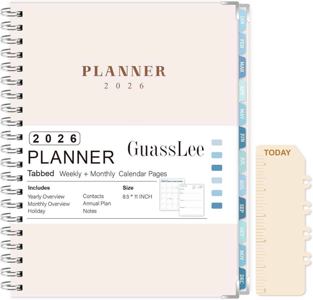 3 x GuassLee Large 2026 Planner, Weekly and Monthly Planner from January 2026-December 2026, 8.5"x 11" Calendar Agenda Book with Back Pocket, Stickers for Home Office School Supplies, A4 Size, Khaki