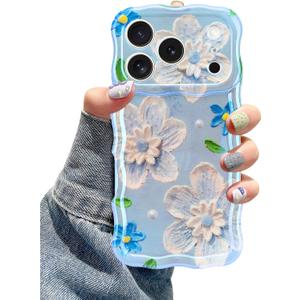 Jusy Case for iPhone 17 Pro Max, Colorful Retro Oil Painting Printed Flower Laser Blue Glossy Pattern Cute Curly Wave Phone Case Soft TPU Cover for Girly Women -Blue Flower