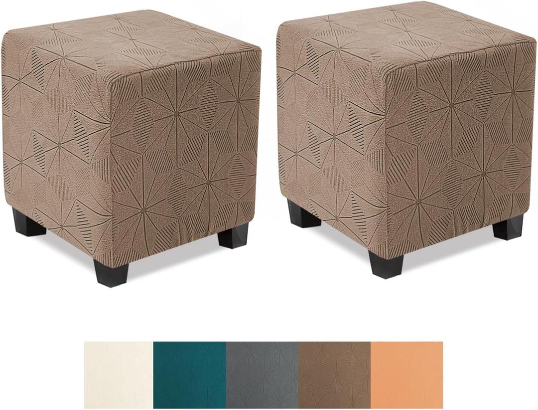 NeColorLife Ottoman Covers - Stretch Slipcover, Knitted Jacquard Fabric for Square Ottoman, Storage Stool, Footstool Protector - Light Coffee, 2PCS