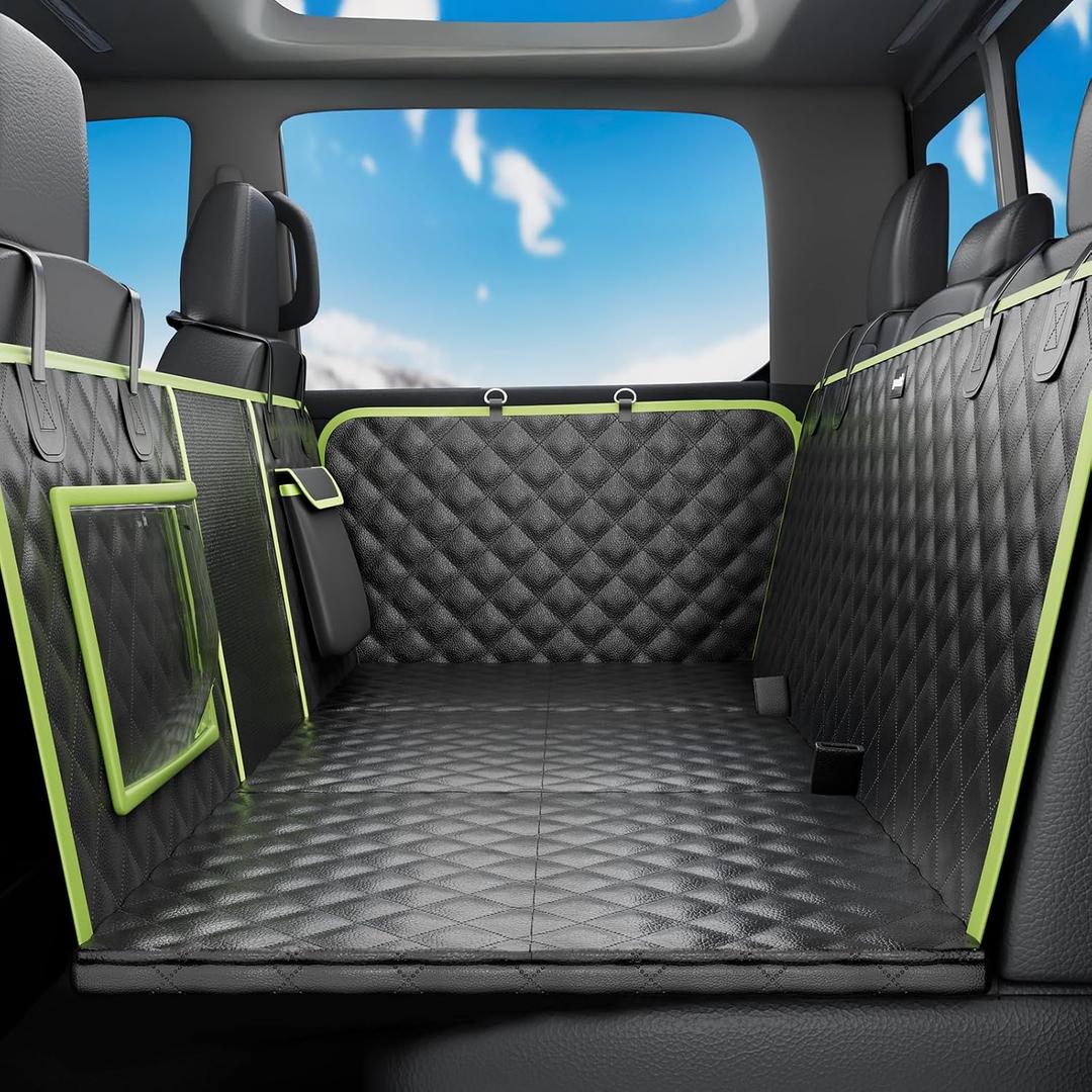 Back Seat Extender for Dogs 57 * 28.7 in, Waterproof Leather Fabric Dog Car Seat Cover for Back Seat, Foldable in the Car, Hard PVC Panels Bottom Support to 330 lbs, Full Coverage for Full Size Truck