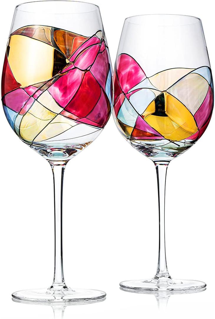 Artisanal Hand-Painted Renaissance Stained Glass, Glasses 2-Piece Set Mothers Day Idea for Her or Him Birthday, Housewarming Large 29oz Stemmed Goblets, Glassware Gifts for Women