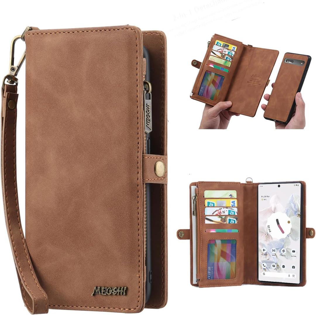 Simicoo Pixel 8 Pro Wallet case, Pixel 8 Pro Flip Leather case Card Slots Holder Zipper Purse Detachable Magnetic Cover Hand Strap Cash Pocket Pouch Wallet for Woman Man (Brown)