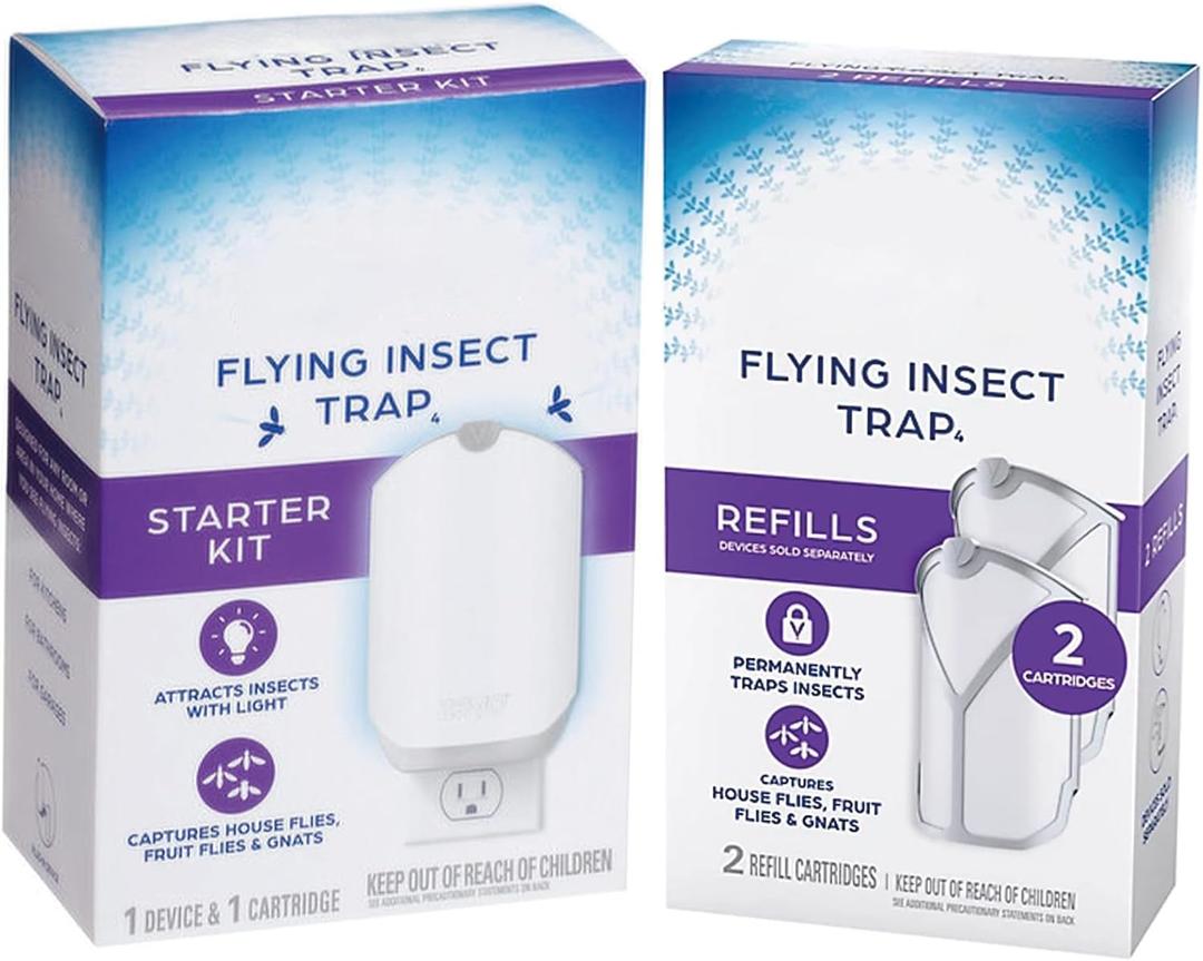 Flying Insect Trap Plug-in with Blue & UV Light  Indoor Bug Catcher for Gnats, House & Fruit Flies (1 Plug in Device & 3 Cartridges)
