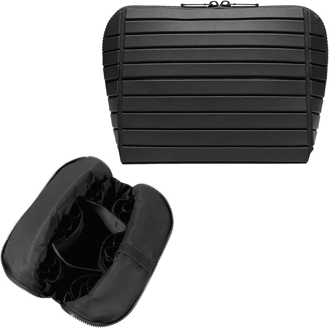 Travel Makeup Organizer Bag with Fold-Down Design and Adjustable Dividers, 27 Pockets & 3 Brush Storage Holders, Large Capacity Cosmetic Bags Toiletry Case, Black (Medium)