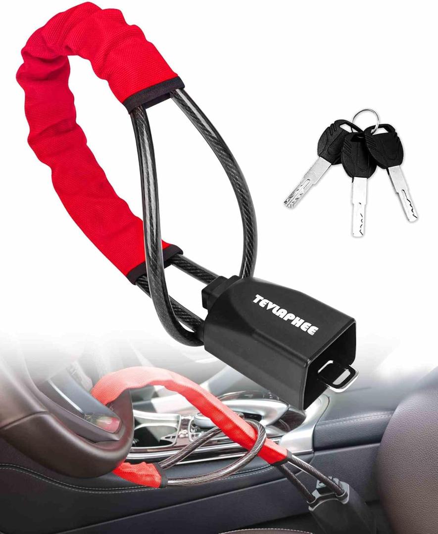 Tevlaphee Steering Wheel Lock, Steering Lock, Car Steering Wheel Locks, Steering Wheel to Seat Belt Lock, High Visibility Car Lock Anti-Theft Device, Heavy Duty, Universal Fit, 3Keys (Red),(TZ2SY)