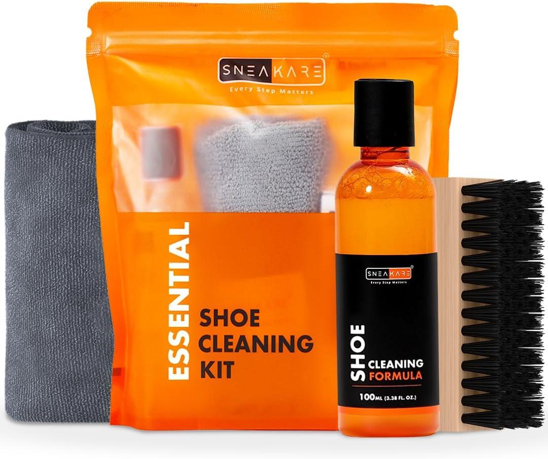 SNEAKARE Essential Shoe Cleaning Kit - 100ml Shoe Cleaner & Medium Bristle Brush - White Shoe Cleaning Kit for Sneakers - Sports Shoe Cleaner Foam Spray - Complete Shoe Care Kit