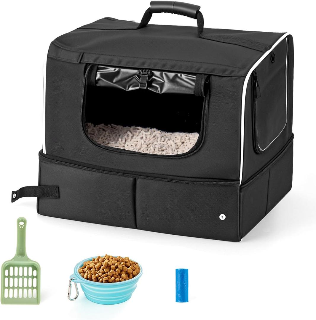 Cat Enclosed Travel Litter Box Kit with Lid Odorless Dustless, Lightweight Cat Portable Foldable Litter Box for Indoor and Car (Large) 14.57"L x 11.81"W x 16.54"H