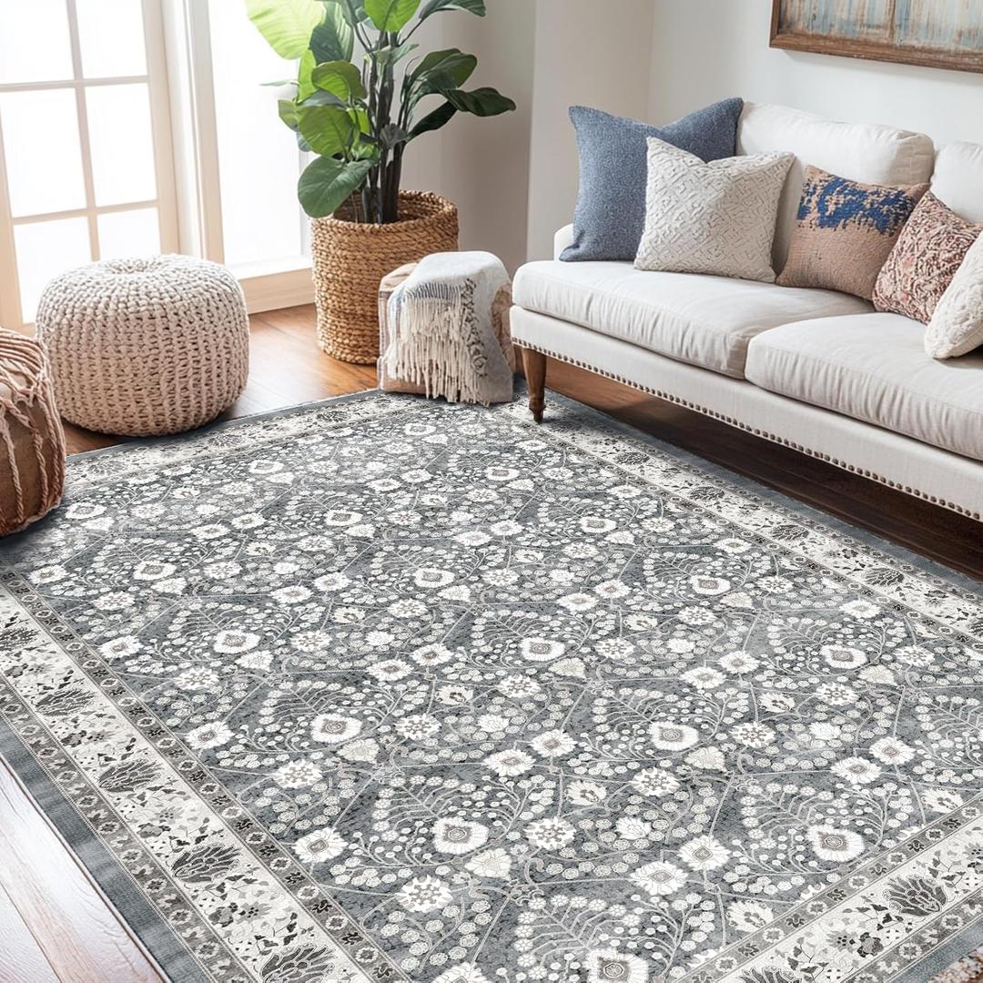 3x5 Area Rug - Light Blue & Grey Persian Floral Small Area Rugs, Washable Non-Slip Throw Rug,Under Table Carpet Rugs for Bedroom 3x5,Kitchen Mat,Entryway