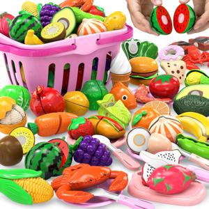 94 Pcs Cutting Play Food Set for Kid Kitchen (45 Items), Pretend Play Food with Shopping Basket, Fake Food Accessories with Fruit Vegetable Toy for Toddler, Educational Gift for Little Girl Birthday