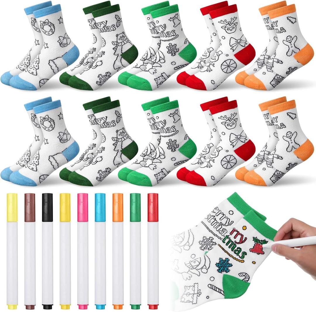 Coume 10 Pairs Christmas Kids Doodle Socks with 9 Pcs Markers DIY Coloring Christmas Stockings Kit Xmas Drawing Craft Christmas Gifts for Kids Arts