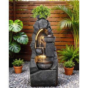 46.1" Outdoor Water Fountain Waterfall Garden Fountain with LED Lights and Pump Modern Floor-Standing Fountains Outdoor Rock Fountain Decor for Garden, Porch, Patio, Home Decor