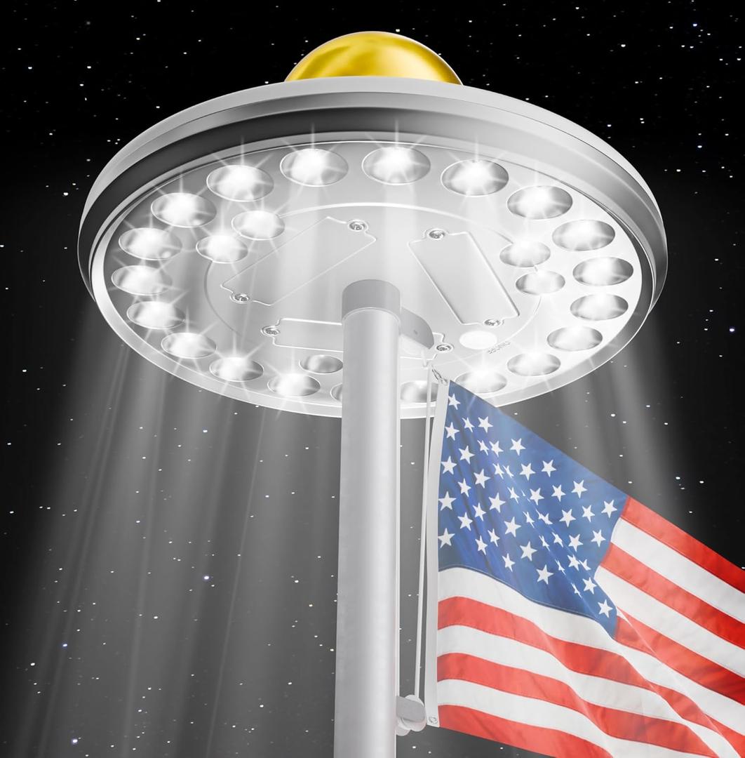 Solar Flag Pole Light  26 LED 1300 Lumen Super Bright, 12+ Hours Runtime, Auto On/Off, Durable Weatherproof Top-Mount for Outdoor Flagpoles (Deluxe Silver)