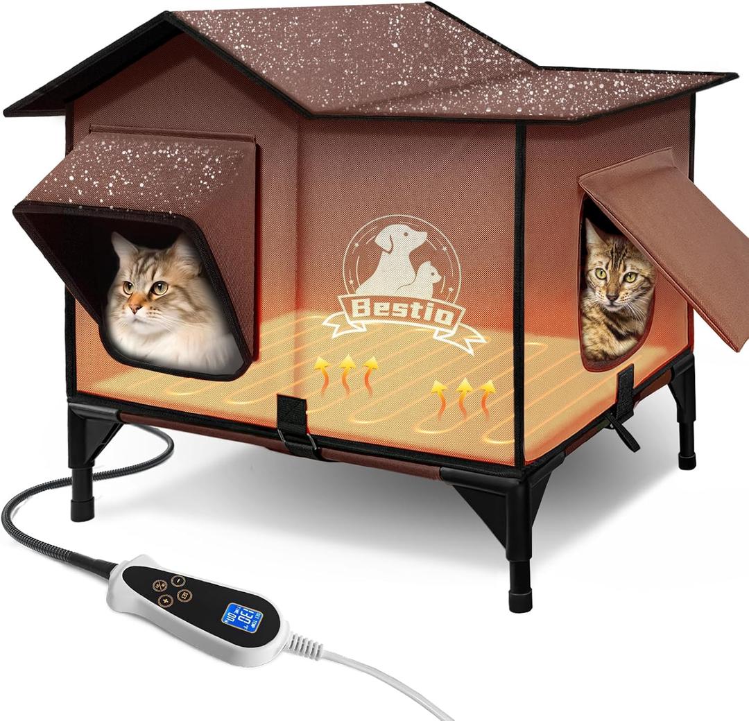 Large Heated Cat House for Outside 21x17x17 in with Elevated Base Cat-Attracting Eave Design Feral Stray Shelter,Intelligent Controller and Waterproof Cat Heated House Shelter for Outdoor (Brown)