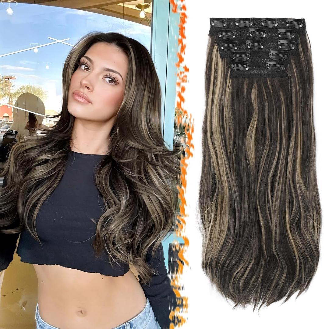 BARSDAR Highlight Hair Extensions Clip ins - 20 Inch Soft Wavy Layered Clip in Hair Extensions for Women - 5 PCS Voluminous Lace Weft Synthetic Dark Brown with Blonde Highlights Hairpieces
