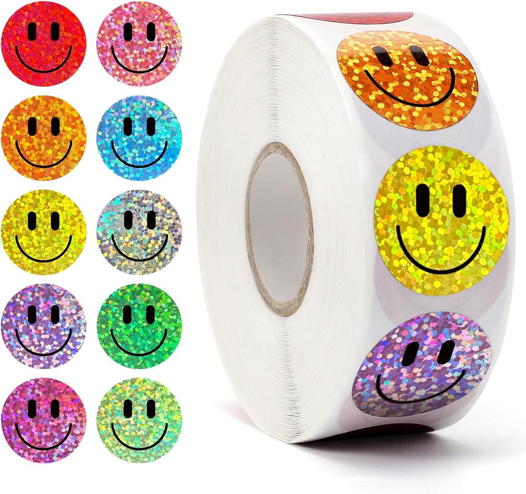 1000PCS Smiling Glitter Stickers, 1inch, 10 Colored Sparkly Foil Happy Stickers, Rewarding Student Behaviour, School Classroom Teacher