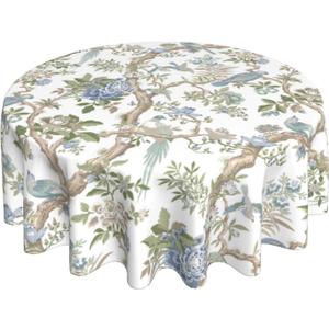 Blue Green Flower Bird Tablecloth 70 Inch Round Chinoiserie Floral Toile Table Cloth Spring Decorations Polyester Stain Resistance Round Table Cover for Party Picnic Kitchen Decor Outdoor