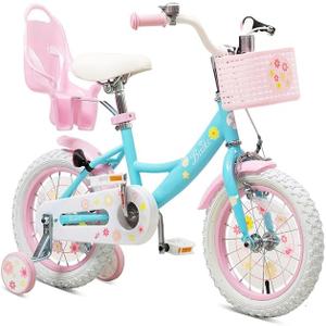 Girls Bike with Basket for Toddlers and Kids Aged 3-14 Years Old, 14  Inch with Training Wheels & Doll Seat, 20 Inch with Kickstand & Rear Rack, Princess Style Bicycle for Gift (Pink & Blue)