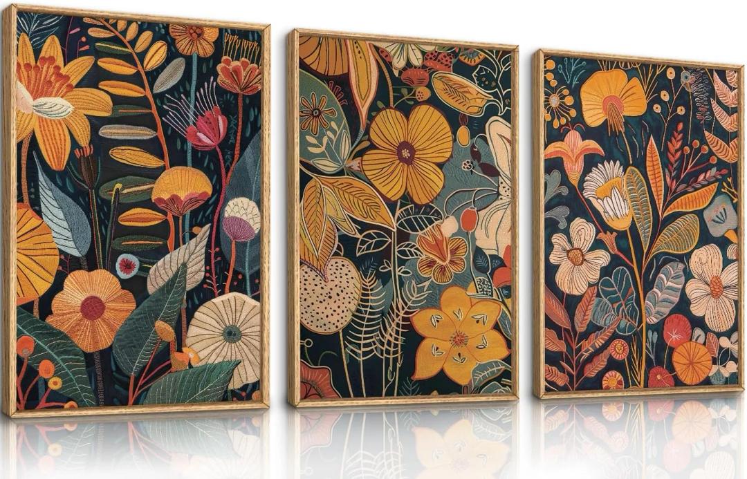 Vintage Burnt Orange Floral Framed Canvas Wall Art Set of 3, Boho Black and White Flower Artwork, Mid Century Modern Plant Wall Decor, Colorful Neutral Botanical Art Prints for Bedroom Living Room Office 16"x24"
