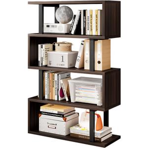 SORCEDAS Bookshelf Geometric Bookcase S Shaped Industrial Bookshelf Storage Display Stand Shelf for Living Room Bedroom and Office Room (Black, 4 Tier)