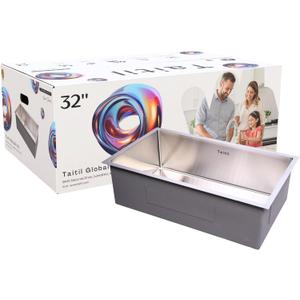 32"x19" Undermount Modern Kitchen Workstation Sink Stainless Steel Single Bowl R10 Radius Corners 16 Gauge, Drain Strainer, Anti-Scratch Standard Fit Cabinet & Remodel Sink Basin Dishwasher