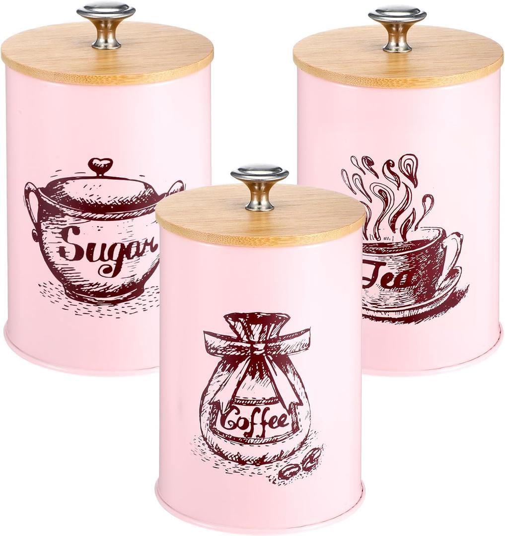 3 Pcs Pink Kitchen Canisters Set, 6.1" x 3.74" Matte Condiment Pot Metal Tin Jar Container, Food Storage Containers with Bamboo Airtight Lid to Store Dry Food Spices Coffee Tea Sugar Storage