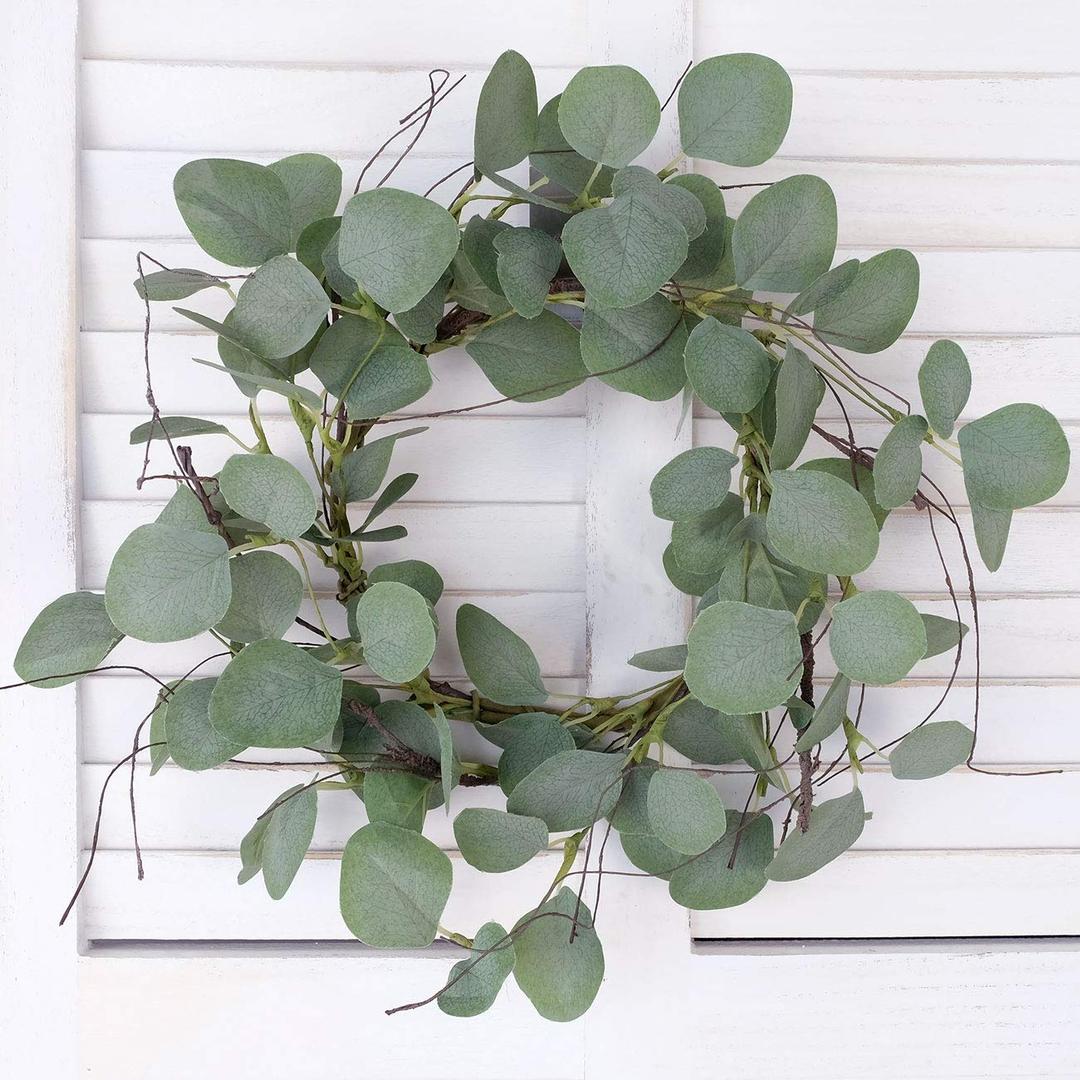 Eucalyptus Leaf Wreath Metal Polyester Paper Round Green Wreath 24" for Front Door Outdoor Decor