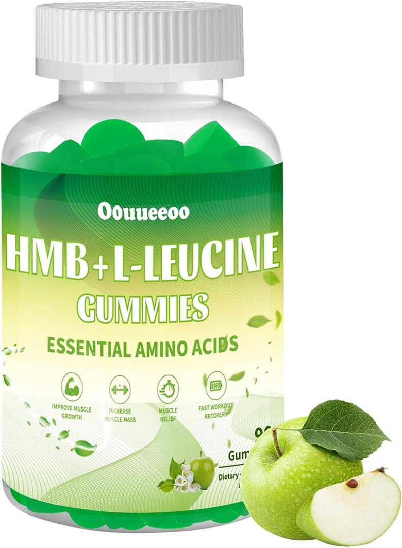 2 pack, HMB and L-Leucine Gummies, 3000mg, with Trehalose, for Muscle Growth, Muscle Relief and Workout Recovery, for Adults & Elder, Non-GMO, Gluten-Free, Apple Flavor, 90 Gummies, Expiry: 08/04/2027