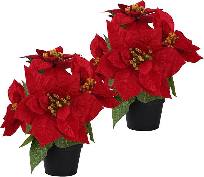 Poinsettias Flowers Artificial 2 Pack Red Faux Christmas Poinsettia Plant Small 11 Inch Winter Flowers for Home Office Table Decorations Indoor Xmas Ornament Red