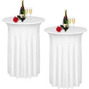 Albassa 2 Pack Cocktail Table Covers 32"x 43" Spandex Stretch Round Cocktail Tablecloths with Wavy Drapes Fitted High Top Bar Table Skirt for Wedding Party Banquet (White, 2 PCS)