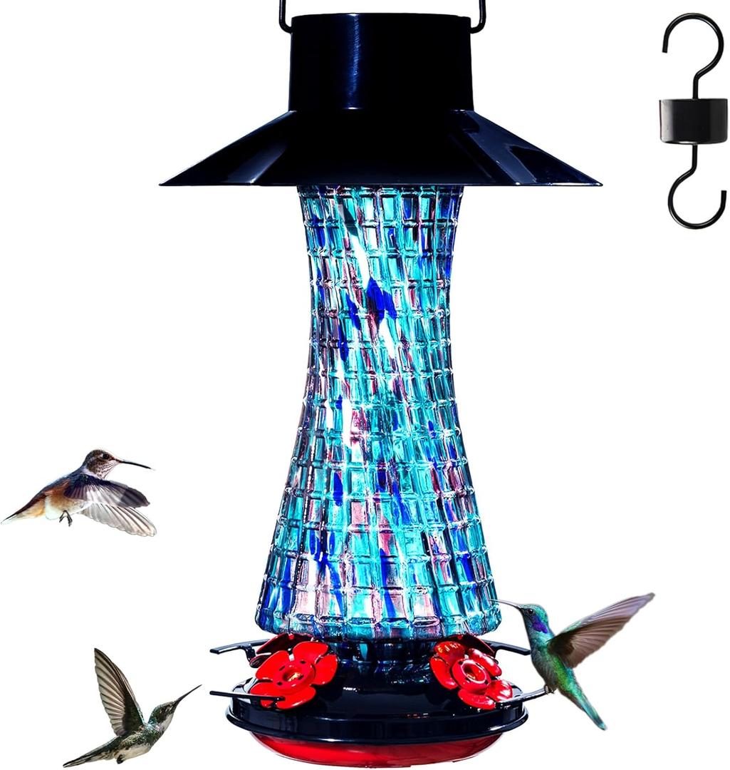 Muse Garden Solar Powered Hummingbird Feeder, 23oz Solar Lights Outdoor Garden Decor Ant and Bee Proof, Hand Blown Glass Lantern Gifts for Women Mom Birthday Unique, Blue