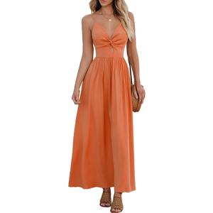 CUPSHE Women Casual Dress Beach Sleeveless V Neck Summer Cutout Spaghetti Straps Formal Maxi Sun Dresses (Small, Orange)