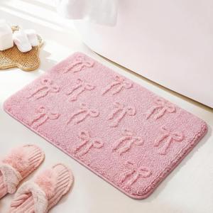 Lyrow Pink Bow Bath Mat for Bathroom, 20"x32" Cute Coquette 3D Pink Bow Rug Extra Soft Absorbent Microfiber Bath Rug, Non-slip TPR Back, Washable Plush Shaggy Mat for Floor Bathtub Shower Bedroom Sink