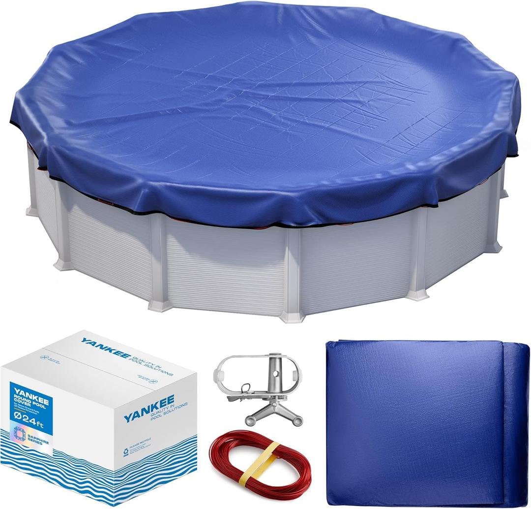 Winter Pool Cover 24 ft Round for Above Ground | Extra Thick & Durable Above-Ground Pool Cover | Sapphire Series of Premium Cold- and UV-Resistant Pool Cover | by Yankee Pool Pillow (Blue) Winter Pool Cover 24 ft Round for Above Ground | Extra Thick & Durable Above-Ground Pool Cover | Sapphire Series of Premium Cold- and UV-Resistant Pool Cover | by Yankee Pool Pillow (Blue)