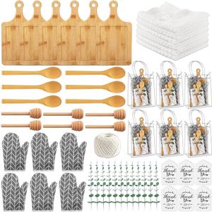 6 Sets Baby Shower Prizes for Game Winners, 37Pcs Include Bamboo Cheese Board Spoon Honey Stick Dipper Oven Mitts Towel Eucalyptus Stems Thank You Card and PVC Gift Bags Wedding Bridal Shower Favors