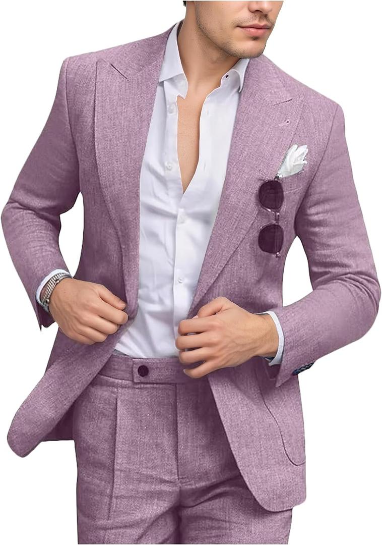 Men's Linen Suit Slim Fit 2 Piece Summer Beach Wedding Suits Peak Lapel Casual Blazer Pants Set for Prom Tuxedo (Purple, M)