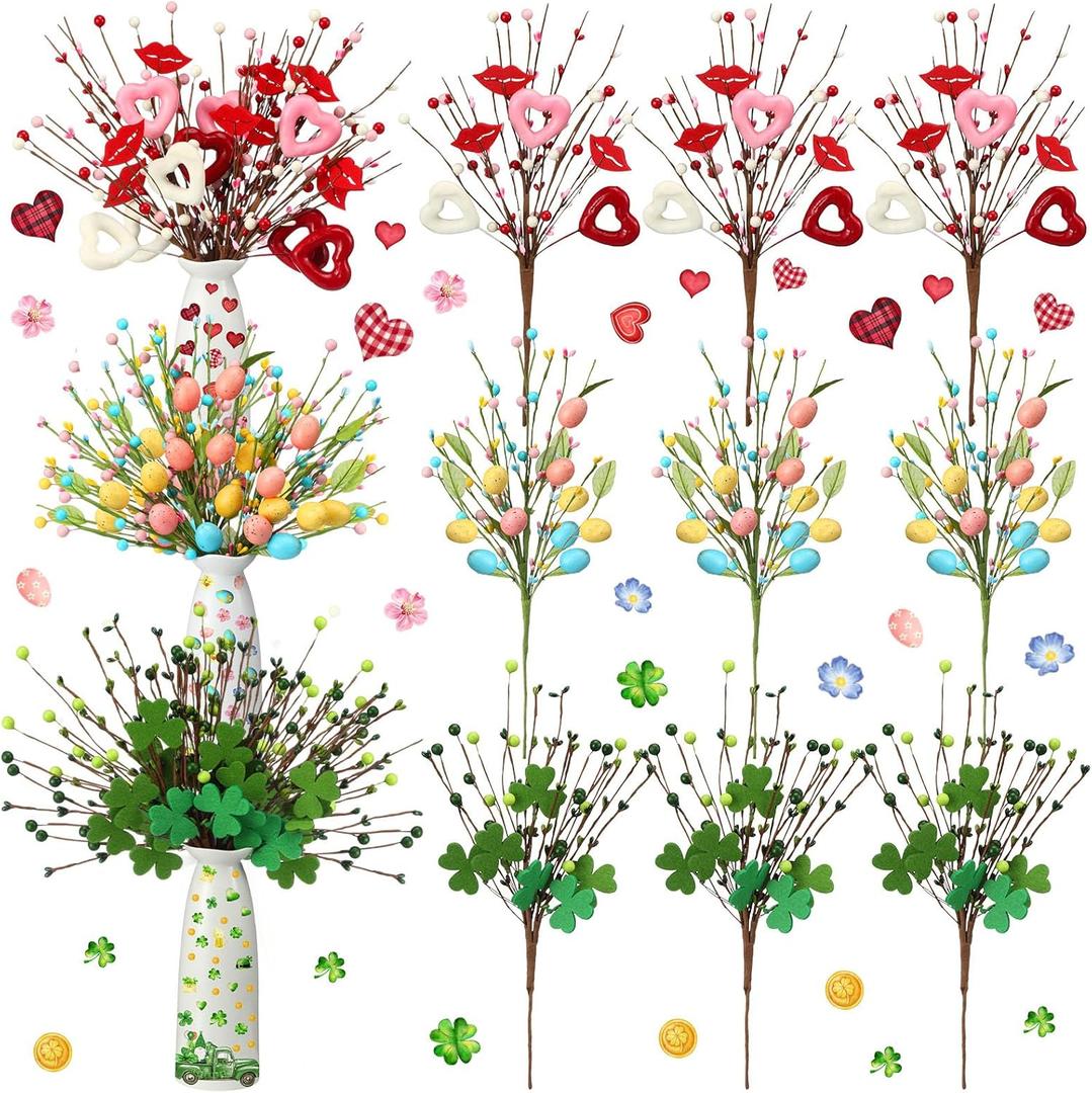 Zeyune 12 Pcs St. Patricks Day Easter Centerpieces for Tables Set 9 Holiday Picks with 3 Vases Shamrock Leaf Egg Branches St. Patricks Day Easter Picks Valentine for Table Living Room Home