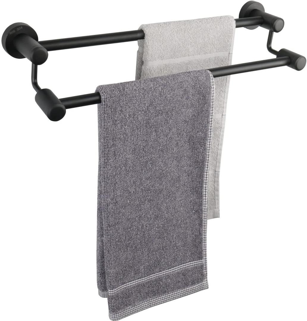 TocTen Double Bath Towel Bar - Thicken SUS304 Stainless Steel Towel Rack for Bathroom, Bathroom Accessories Double Towel Rod Heavy Duty Wall Mounted Towel Holder (Matte Black, 16 in)
