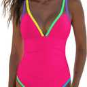 popvil Women's One Piece 2025 Tummy Control Swimsuits Neon Color Block Swimwear Deep V Neck Slimming Bathing Suit (Large, Hot Pink)
