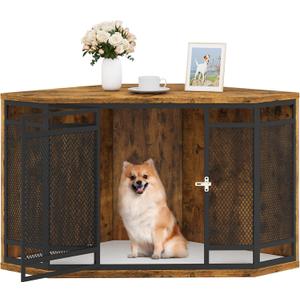 YITAHOME Corner Dog Crate Furniture, 43.7" Wooden Dog Kennel with Dog Cushion, Dog Kennel Corner Wooden End Table for Small Medium Dogs, Brown