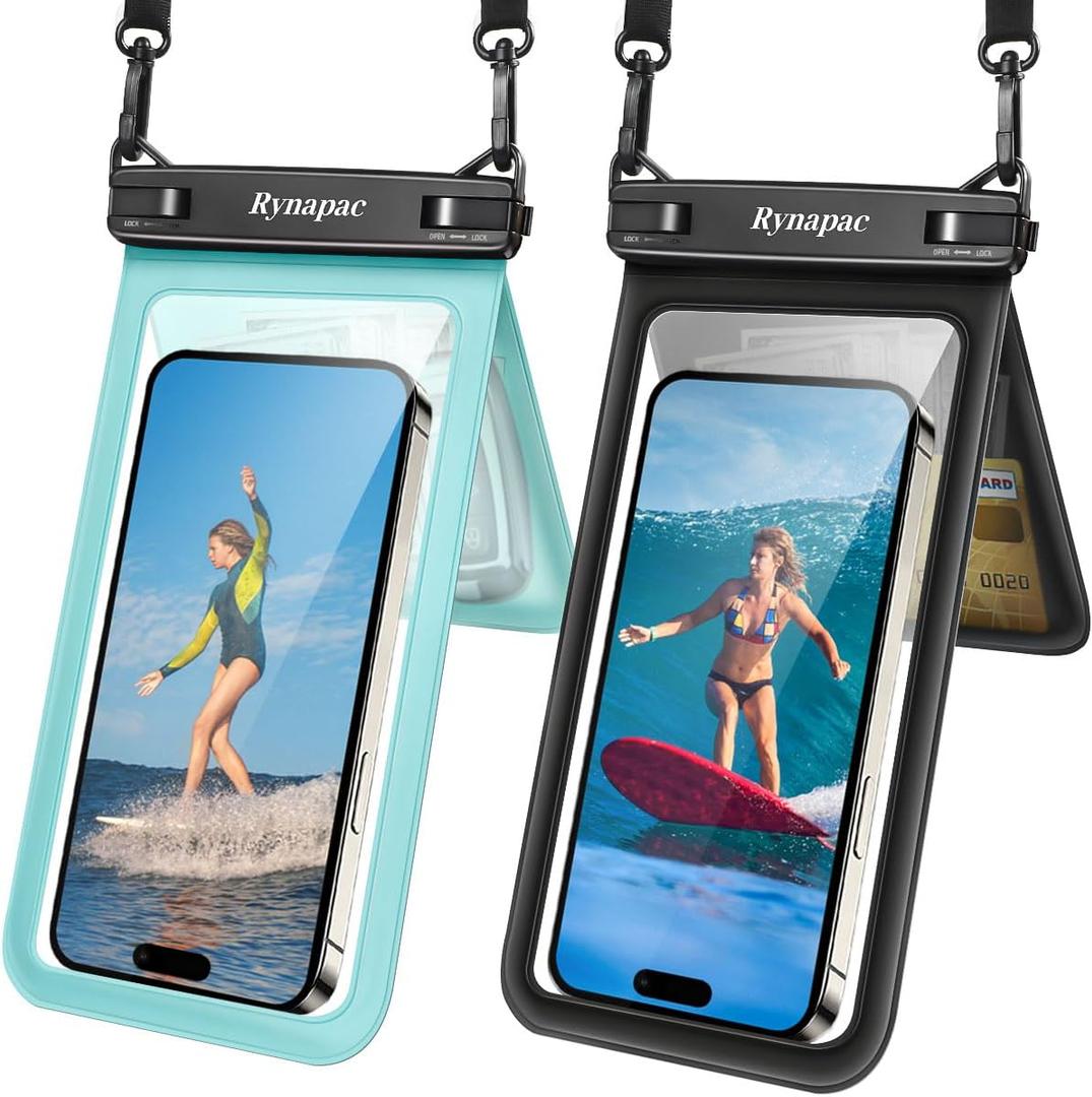 Double Space Waterproof Phone Pouch, 2 Pack Waterproof Phone Case with Lanyard for iPhone 15 Pro Max Galaxy S23 Pixel 7a up to 8.5, Cellphone Dry Bag for Beach Vacation (Black+Green)